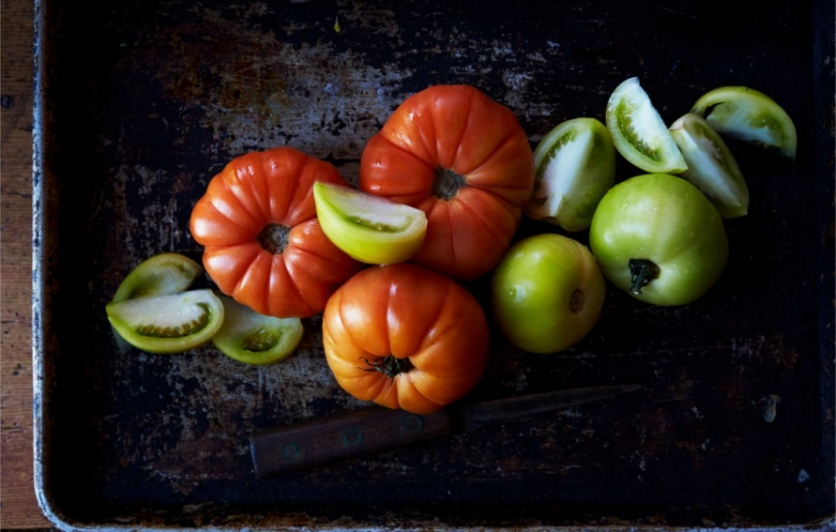 pan of colorful tomatoes