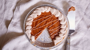 vegan sweet potato pie on white tablecloth